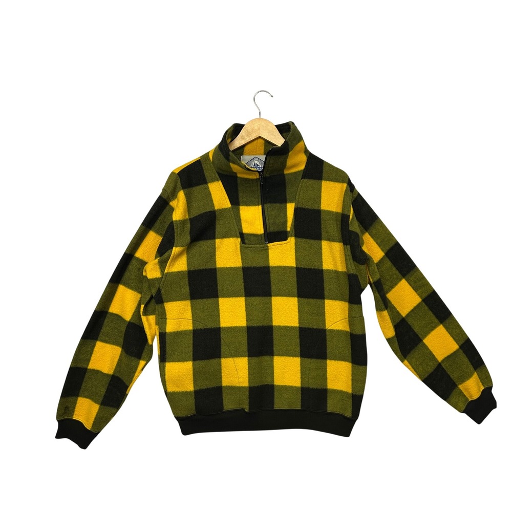 Gorpcore Cabin Trader Bay Mens L Yellow Green Buffalo Plaid Fleece Quarter Zip